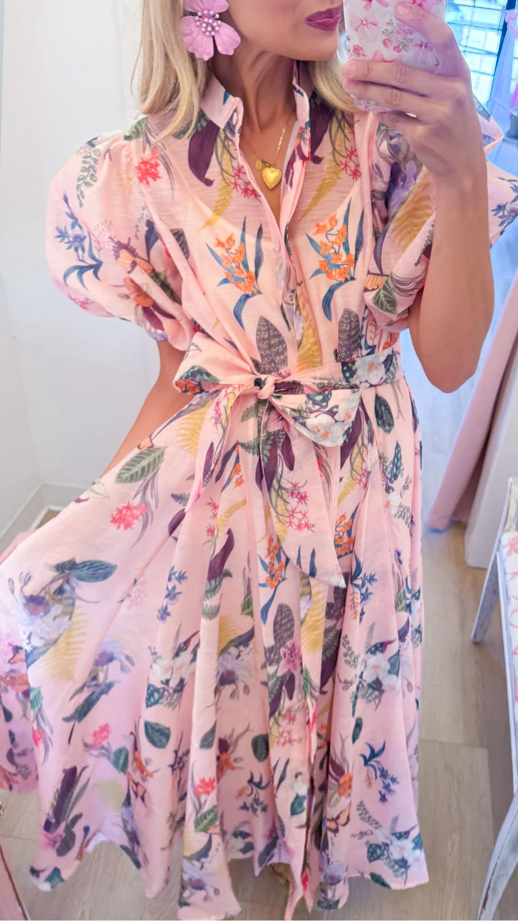 Blushing Botanicals Belted Midi Shirt Dress