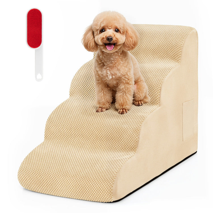 4-Tier Foam Non-Slip Dog Steps with Washable Zippered Cover and Brush